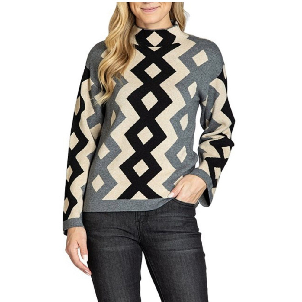 Diamond Argyle Sweater Funnel Mock Neck Black Gray Beige APNY Preppy Cozy Small
